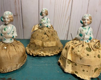 Antique half doll pin cushion, hand painted, girl in green sweater, Irish lass, original clothes, boudoir doll, BUYERS CHOICE