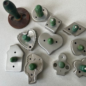 Vintage cookie cutters, green wooden handles, farmhouse kitchen, buyers choice
