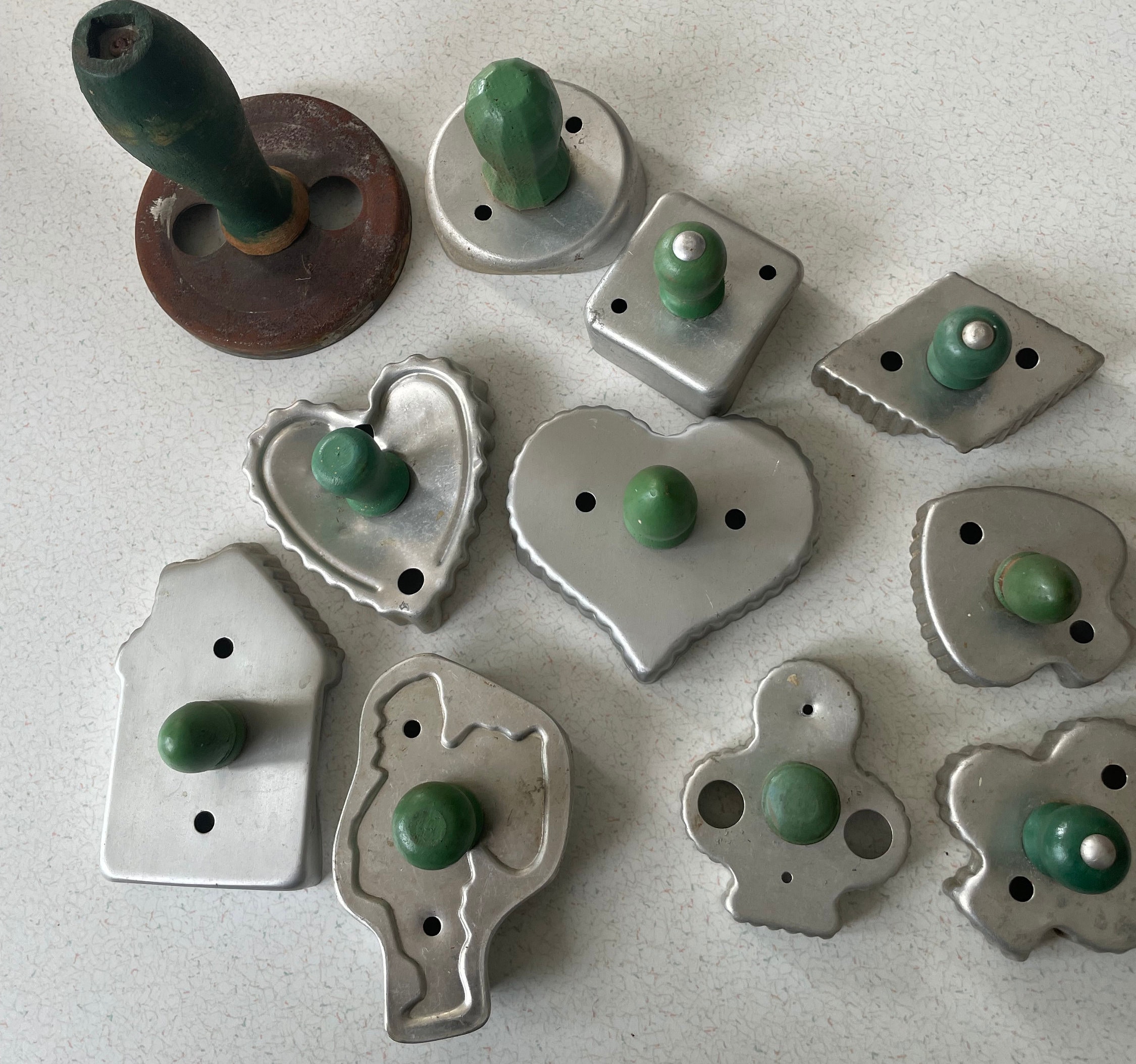 Vintage Cookie Cutters, Green Wooden Handles, Farmhouse Kitchen