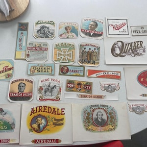 Collection of vintage cigar box labels, new old stock embossed images, tobacciana