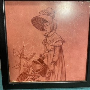 Antique decorative tile, framed tile art, Minton Hollins Tile Works, England, signed and dated, porcelain tile