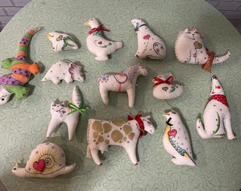 Set of 13  hand painted hand sewn animal ornaments on stuffed muslin, Mexican style, folk art, signed Trudi