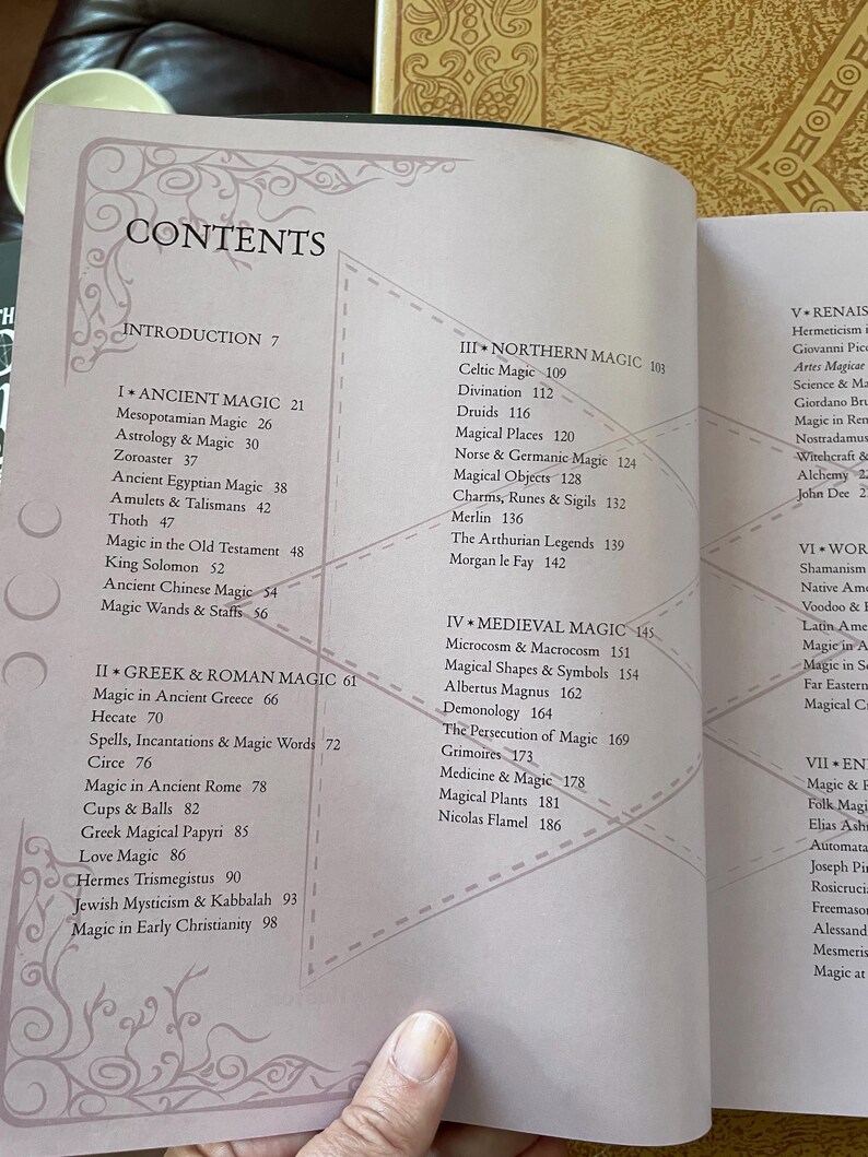 K&ouml;nnte beinhalten: Aufgeschlagenes Buch mit detailliertem Inhaltsverzeichnis. Die Seite zeigt Abschnitte &uuml;ber antike, griechische, r&ouml;mische, nordische und mittelalterliche Magie. Schwarzer Text auf cremefarbenem Papier mit dekorativen R&auml;ndern. Das Buch ist aufgeschlagen.