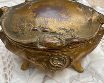 Large size jewelry casket, Victorian era, rubbed gold tone with rose floral theme, ORIGINAL  coffin interior, goth gift