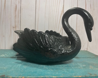 Vintage black glass swan, cambridge glass company, swan centerpiece bowl, holiday decor, MCM