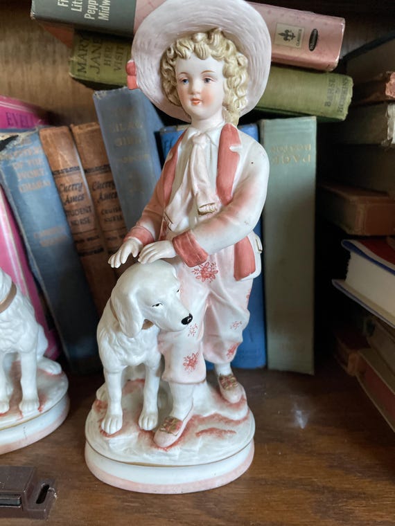 Vintage Bisque Figurine, Boy With Dog, Andrea by Sadek Importer