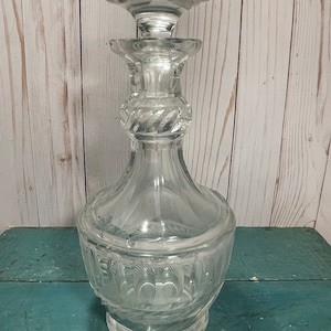 Victorian vintage decanter with original stopper, EAPG, Early American Pressed glass, thumbprint and swirl design, home office, barware