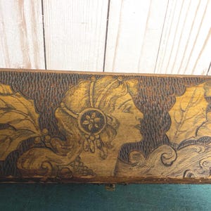 Victorian pyrography wooden glove box, Flemish Art Co manufacturers, vintage vanity,bureau box