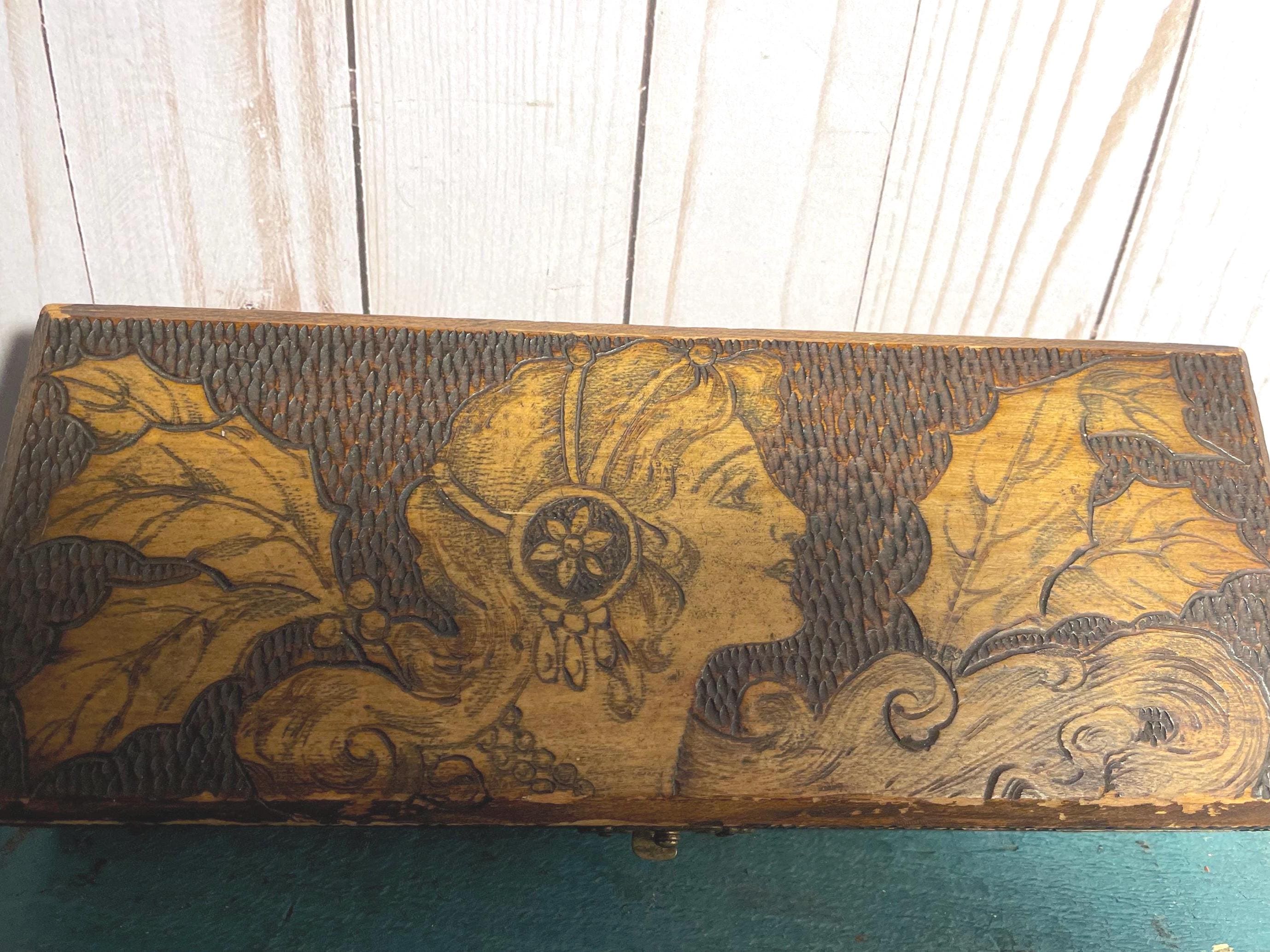 Victorian Pyrography Wooden Glove Box, Flemish Art Co