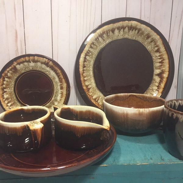 Vintage brown glaze dining pieces, plates, cups, hull, mccoy, serving pieces, pfaltagraff, buyers choice, replacement pieces