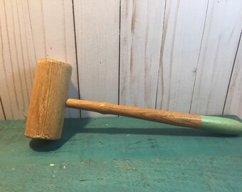 vintage wooden handle hammer, green handle, retro kitchen, wooden mallet, potato masher