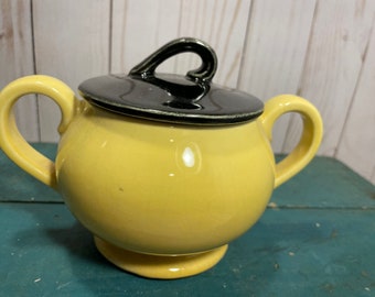 Vintage McCoy yellow sugar bowl with black lid, tea time, country kitchen
