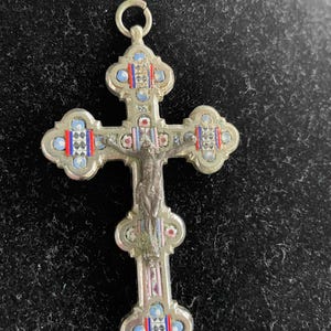 Vintage Catholic style crucifix cross charm, antique Italian micro mosaic pendant