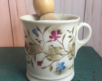 vintage shaving mug and bristle brush, porcelain mug, antique shaving mug, floral shaving cup, shaving cup, gift, vintage vanity