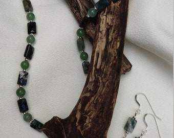 Moss Agate Bead Necklace & Earring Set