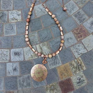 Enameled Rose Gold Coin & Antique Copper Pendant Necklace