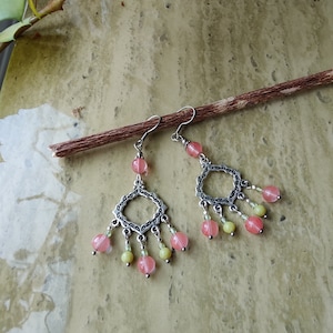 Cherry Quartz, Peridot & Silver Chandelier Dangle Earrings
