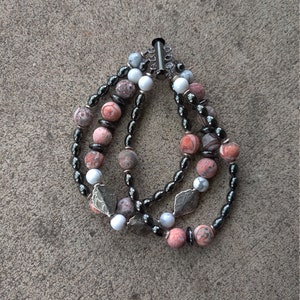 Three Strand Gunmetal & Antique Silver Bead Bracelet