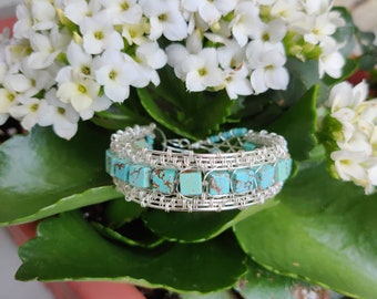 Turquoise Magnesite Silver Wireweave Cuff Bracelet