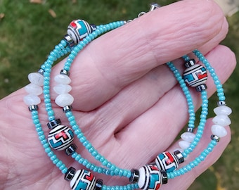 Handpainted Bead & Moonstone Wire Bracelet