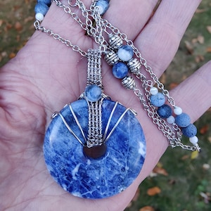 Denim Blue Sodalite Donut Wirewrap Pendant Necklace