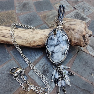 Black & White Jasper Stone Wirewrap Pendant Necklace