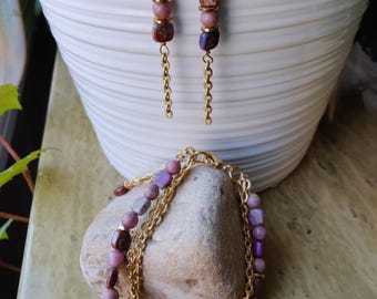 Imperial Jasper Squared Three Strand Bracelet & Dangle Earring Set