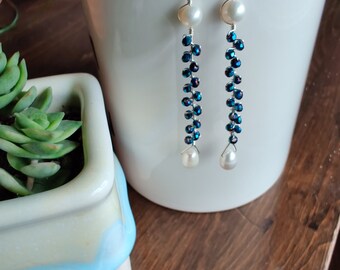 White Pearls & Blue Sparkle Dangle Earrings