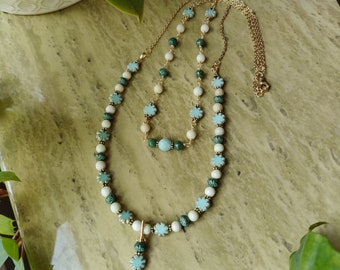 Mint Green Daisy Flower Two Strand Pendant Necklace