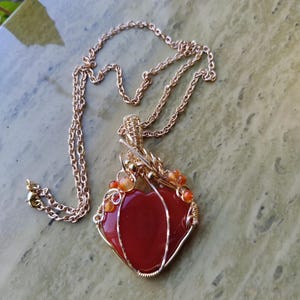 Natural Red Onyx Heart Stone Wirewrap Pendant Necklace