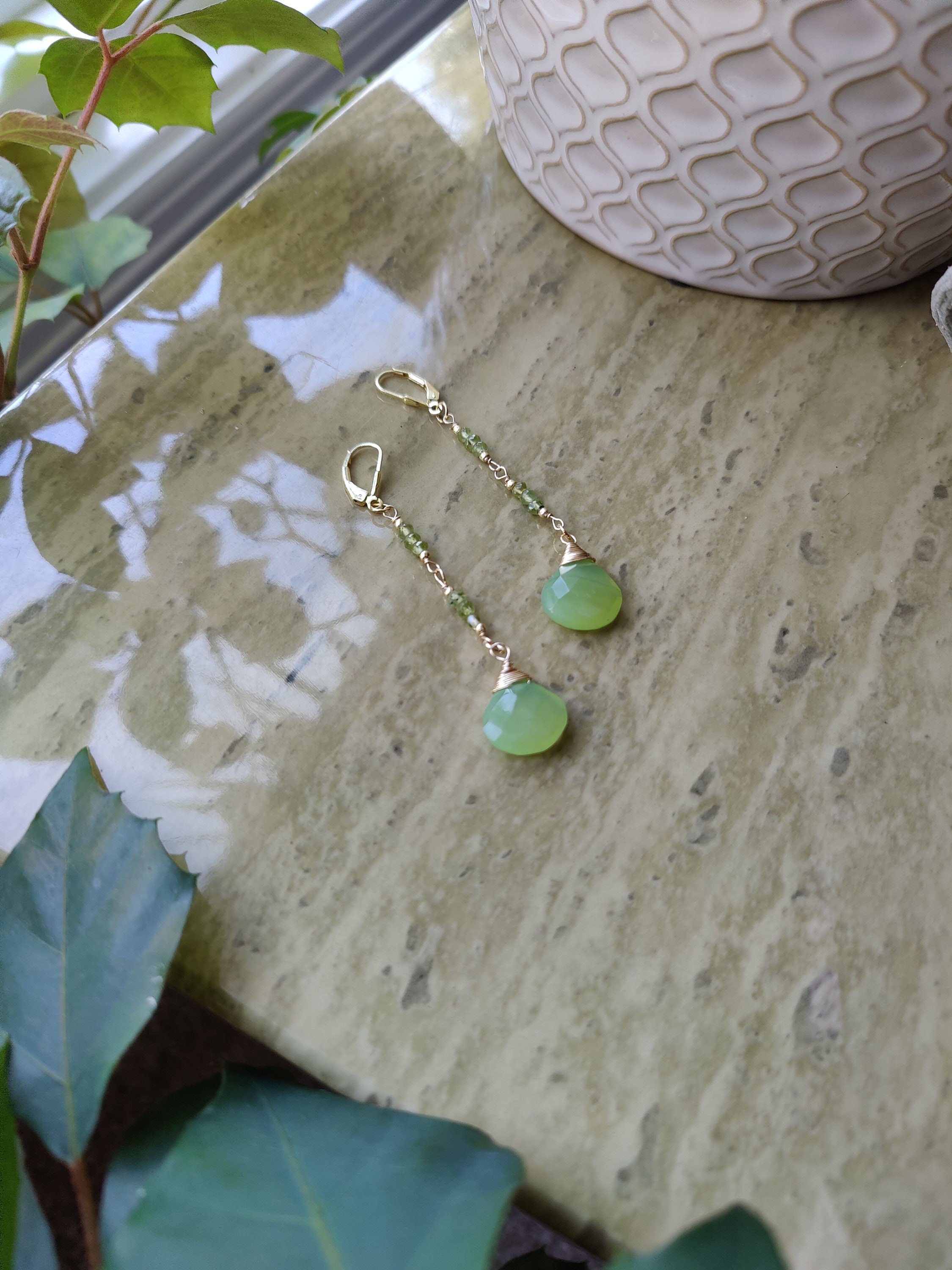 Lime Chalcedony Teardrop & Peridot Dangle Earrings