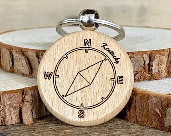Compass Pointing to Kentucky Wood Keychain