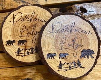 Custom Cabin Rental Oversized Wood Slice Drink Coasters with Cabin Name; Set of 2