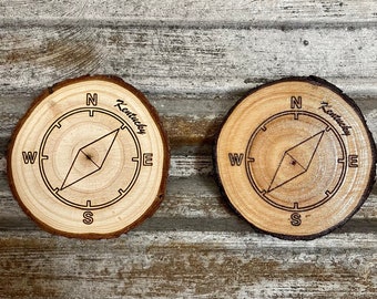 Compass Pointing to Kentucky Wood Slice Magnet