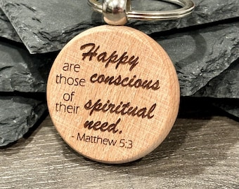 Matthew 5:3 Wood Keychain - Happy are those conscious of their spiritual need 2026 Year Text