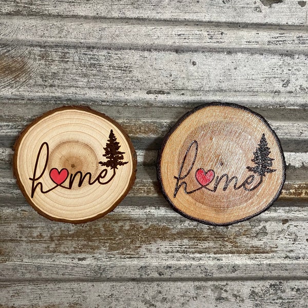 Home Heart Wood Slice Magnet with Pine Tree