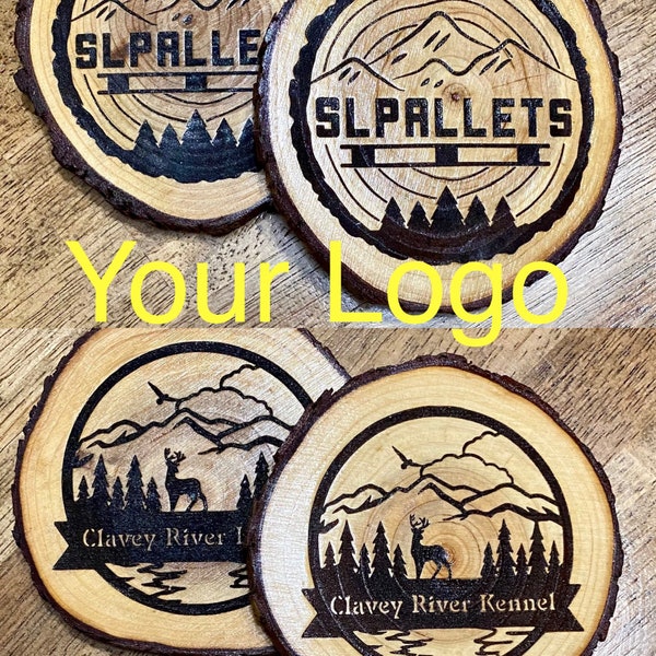 Custom Drink Coasters with Your Company Logo or Slogan Laser Engraved (Oversized Wood Slices); Set of 2