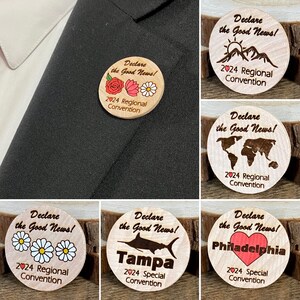 Declare the Good News!  1.5" JW Wood Lapel Pin - 2024 Regional & Special Convention; Tampa, Philadelphia; Hand painted