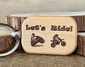Let's Ride Four Wheeler and Dirt Bike Wood Keychain