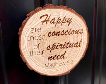 Matthew 5:3 Magnet (Wood Slices) - Happy are those conscious of their spiritual need, 2026 Year Text