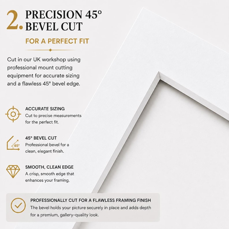 Puede incluir: Un paspart&uacute; blanco para marco con un corte biselado de 45 grados. El texto dice: 2. PRECISION 45&deg; BEVEL CUT FOR A PERFECT FIT. Cut in our UK workshop using professional mount cutting equipment for accurate sizing and a flawless 45&deg; bevel edge.