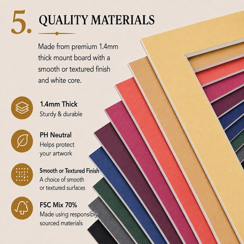Puede incluir: Una pila de paspart&uacute;s para marcos de fotos de varios colores con n&uacute;cleo blanco. El texto dice: 5. QUALITY MATERIALS. Made from premium 1.4mm thick mount board with a smooth or textured finish and white core. 1.4mm Thick, PH Neutral, Smooth or Textured Finish, FSC Mix 70%.