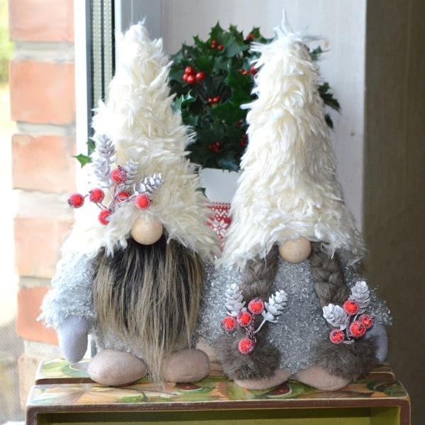 Christmas gnomes in white fur hats, New year decoration, Swedish Tomte, Nordic style, Winter holiday