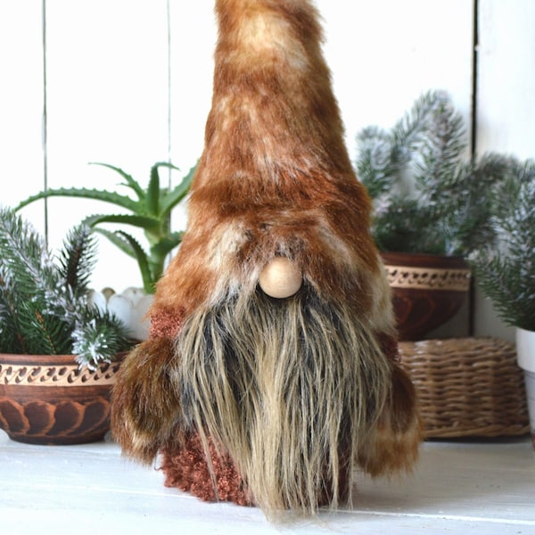 Large Gnome in a fur hat: Christmas decoration, Nordic style
