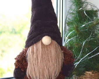 Nain de Noël scandinave : manteau de fourrure marron, décoration Tomte 35 cm