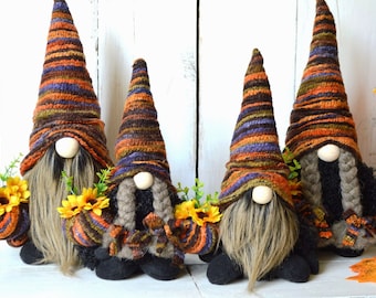 Halloween Gnome Decor: Handmade Felted Fabric Gnomes with Pumpkins