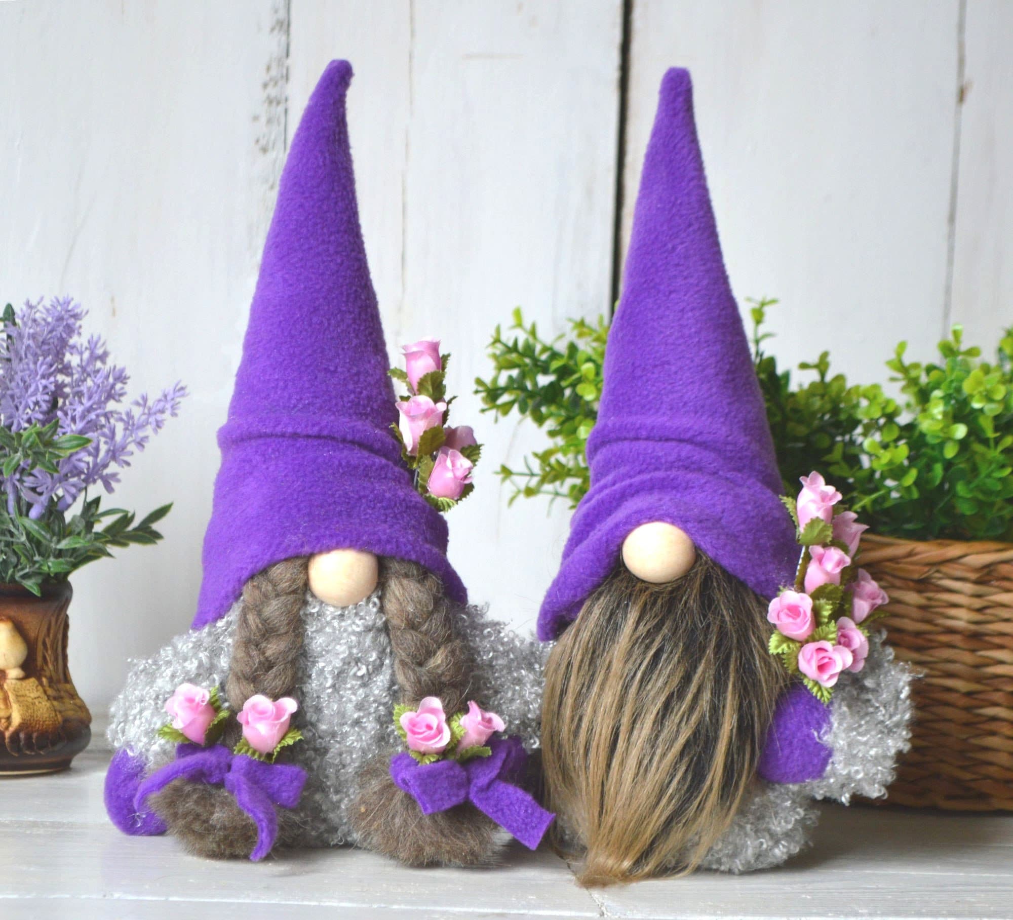Flower Gnomes in Purple Hats With Roses Seasonal Gnome Home Etsy UK