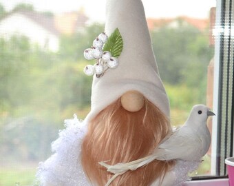 Large Scandinavian Gnome: Tomte with Dove, Farmhouse Decor