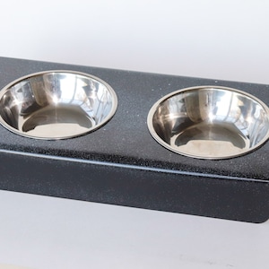 Custom Painted &quot;Black&#39;n Grey&quot; - Minimalist Double Pet Feeder Raised Stand, Food Water Bowls, Premium Aluminum, Cats Small Dogs