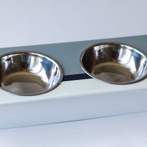 Custom Painted white/blue/gray - Minimalist Double Pet Feeder Raised Stand, Food Water Bowls, Premium Aluminum, Cats Small Dogs